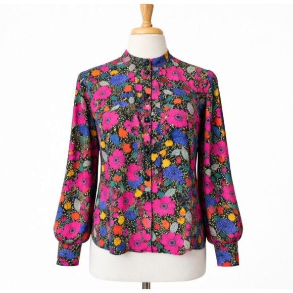 Hunter Bell Taylor Top Silk Floral Blouse Button Front Billow Sleeve Size L - Picture 2 of 16